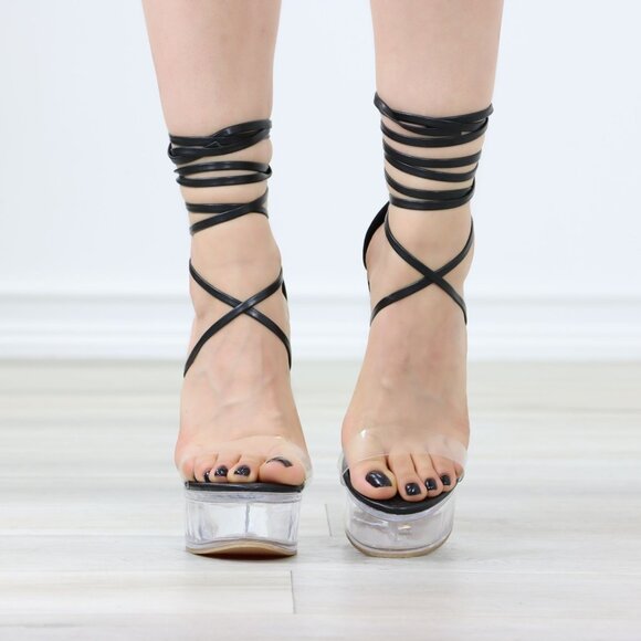 Strappy Black Clear Heel Platform Heels Adjustable Around Ankle Lace Up Stiletto - Picture 9 of 13